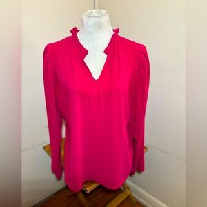 CeCe Ruffle Neck V Neck Blouse
